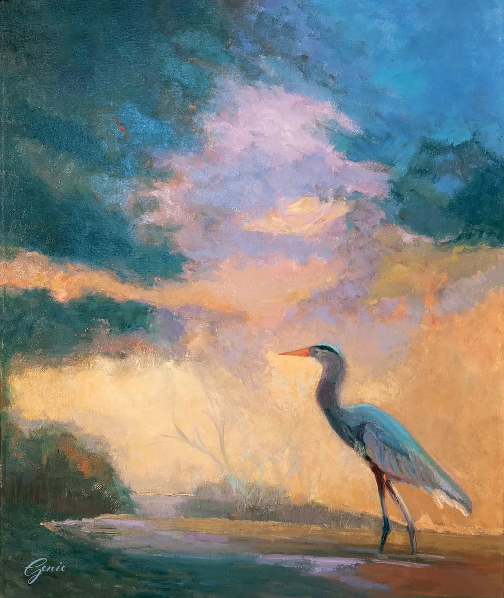 Serenity at Dusk: A Graceful Heron in a Dreamy Landscape