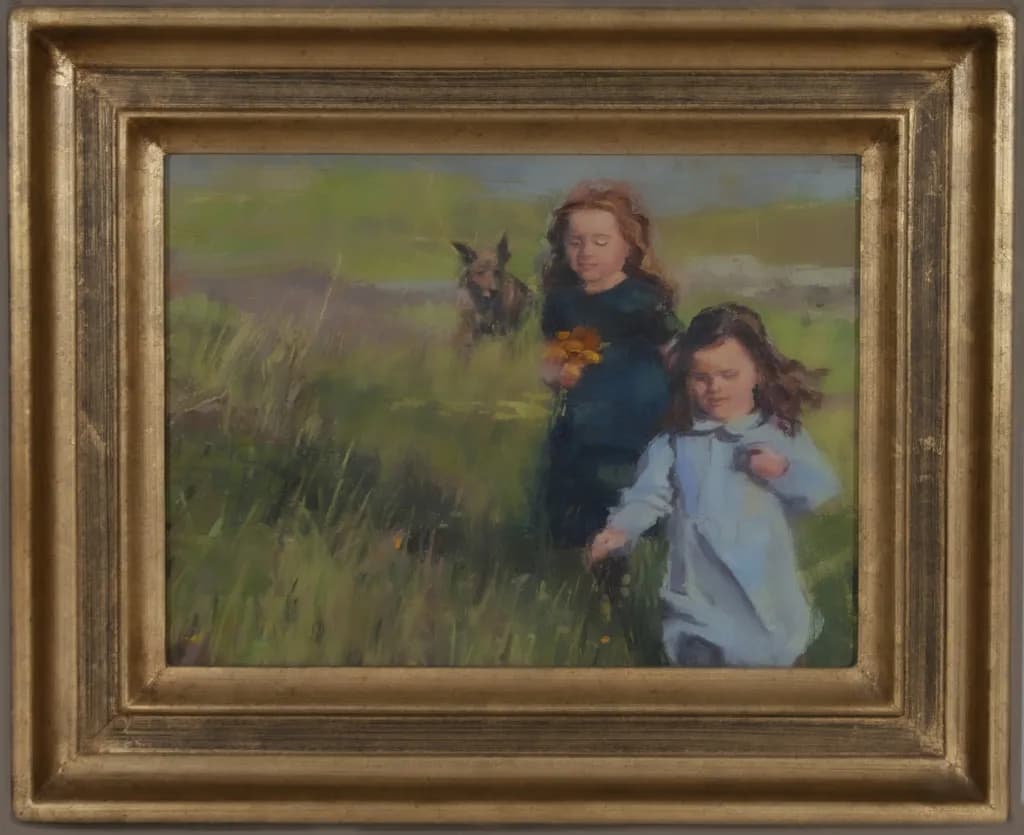 Whispers of Childhood: Two Sisters and Their Loyal Companion in a Sunlit Meadow