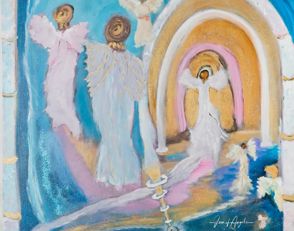 Ethereal Guardians: A Serene Dance of Colorful Angels in Spiritual Harmony