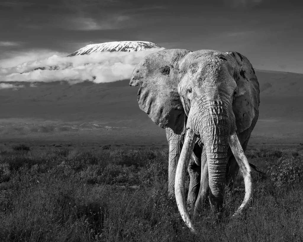 Majestic Presence: An Elephant's Journey Beneath Kilimanjaro's Shadow