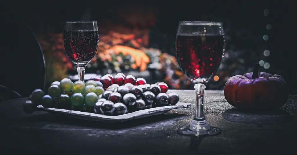 Autumnal Elegance: A Festive Tabletop Display of Fruit and Beverage Delight