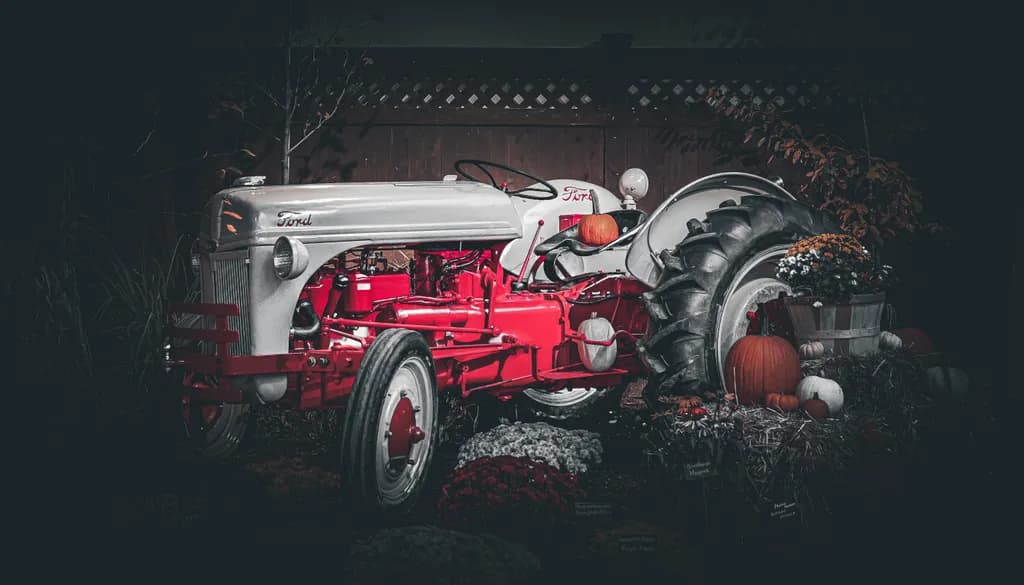 Vintage Ford Tractor: A Rustic Autumn Charm in Red and White