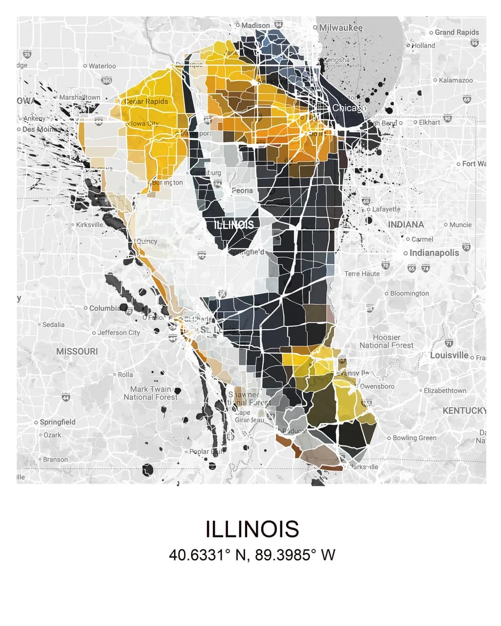Geometric Harmony: An Abstract Map of Illinois Coordinates in Bold Colors