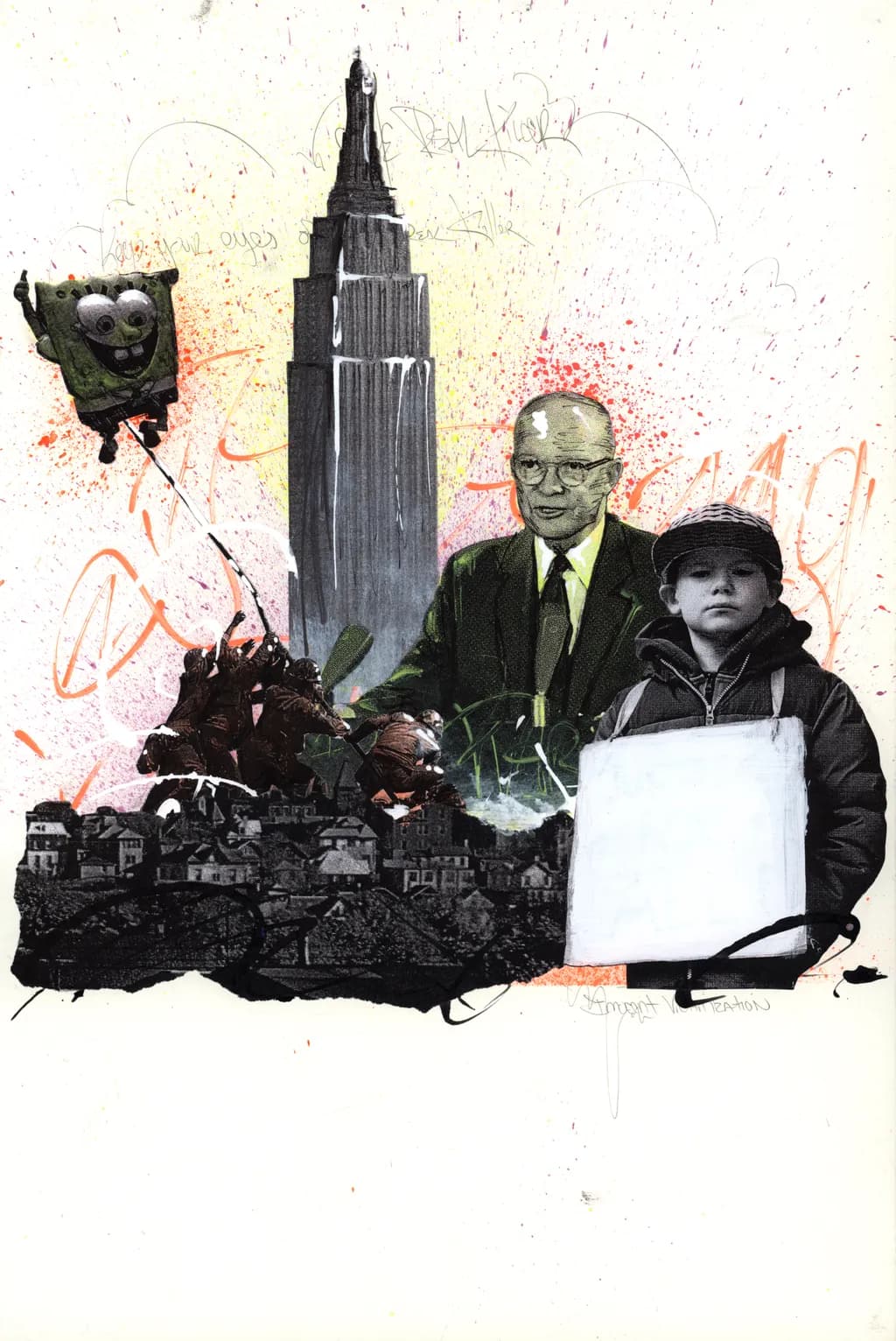 Urban Dreams: A Collage of Iconic Figures and Childhood Innocence