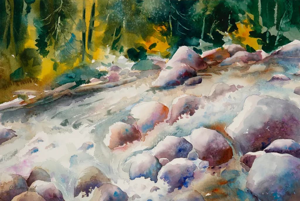 Whispers of the Stream: A Serene Watercolor Journey Through Nature's Embrace
