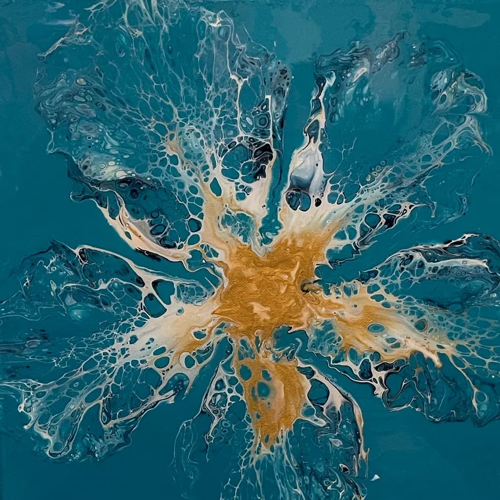 Radiant Bloom: A Dance of Aqua and Gold in Abstract Fluid Art