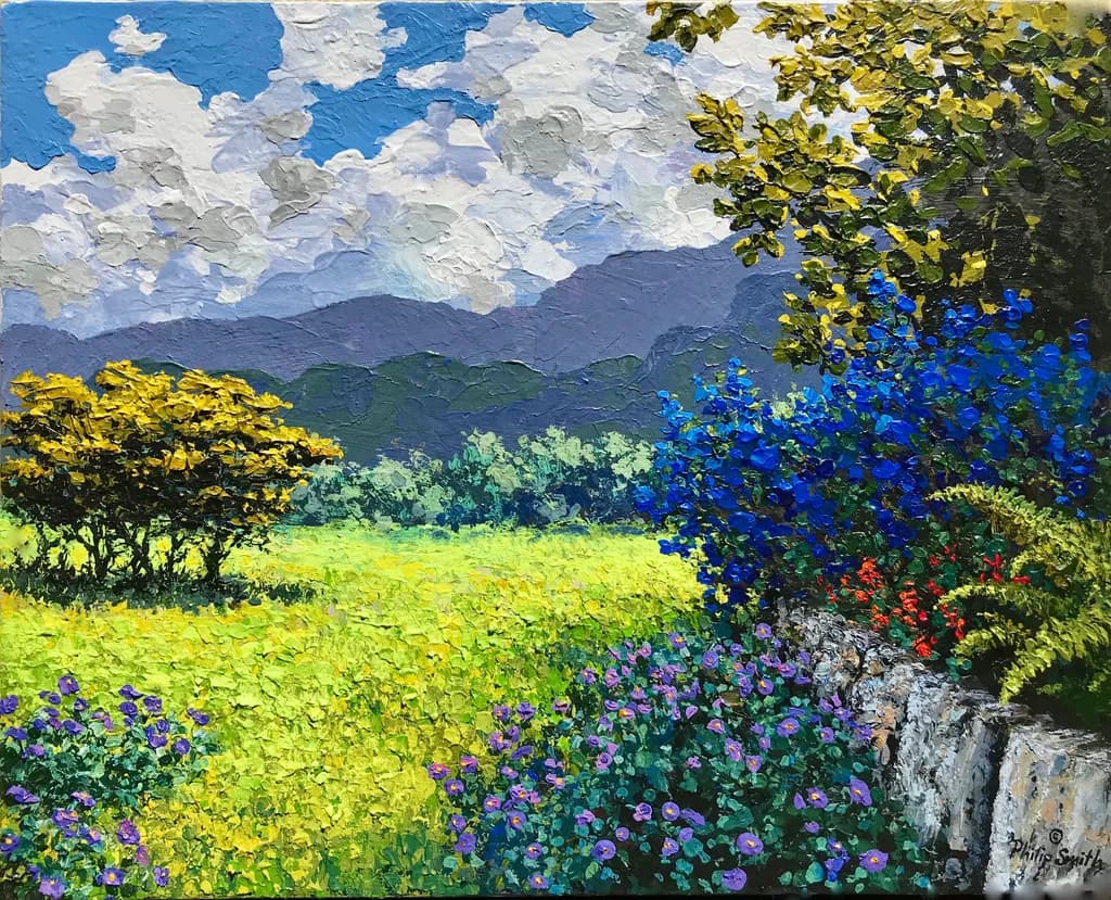 Vibrant Serenity: A Lush Landscape of Colorful Blooms and Majestic Clouds