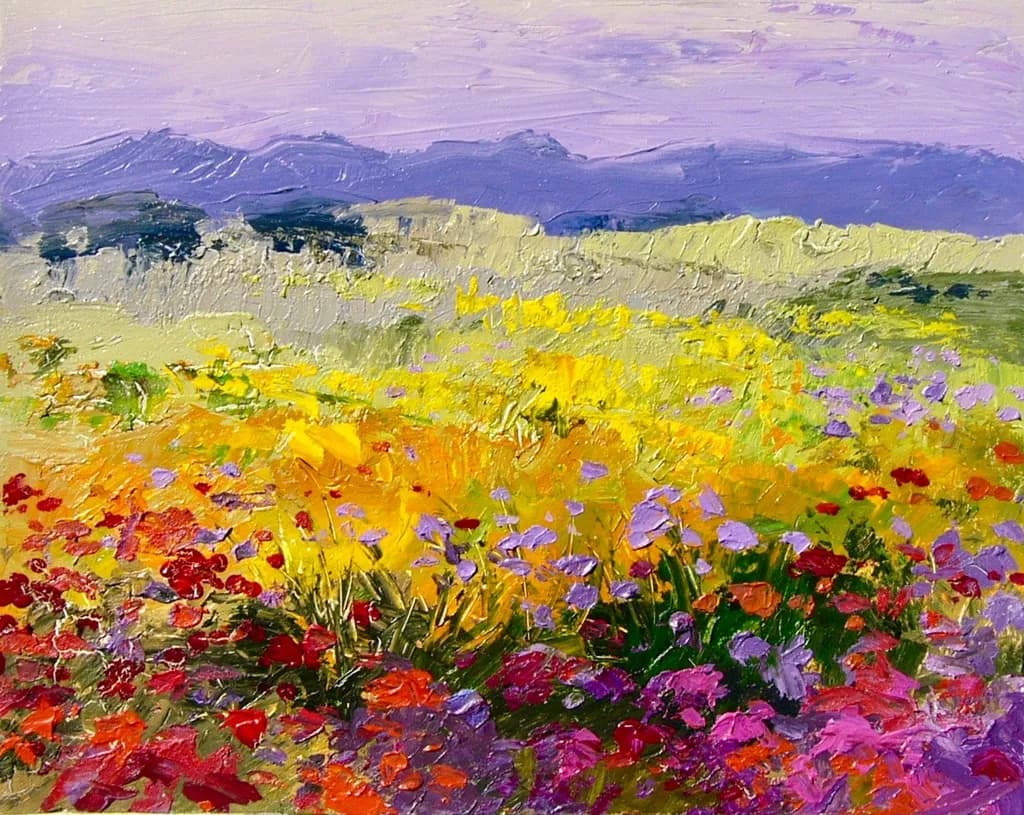 Vibrant Meadow Symphony: A Colorful Dance of Wildflowers Under a Lavender Sky