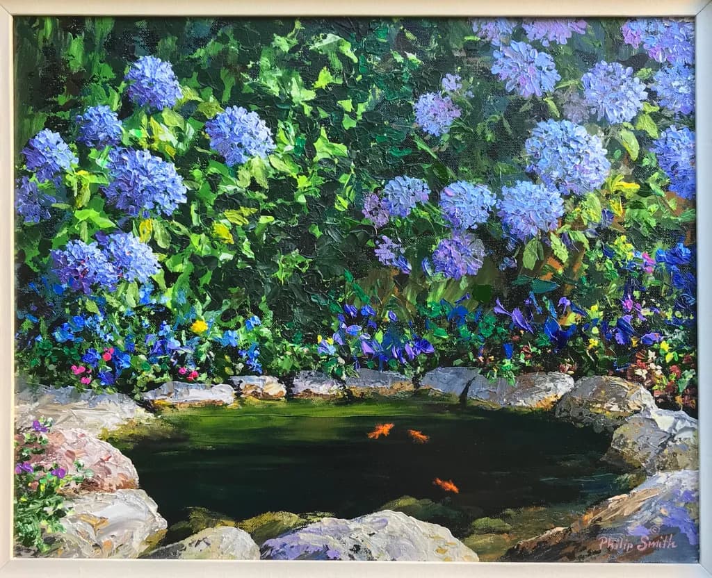 Serenity in Bloom: A Tranquil Garden Pond Surrounded by Vibrant Hydrangeas and Colorful Flora