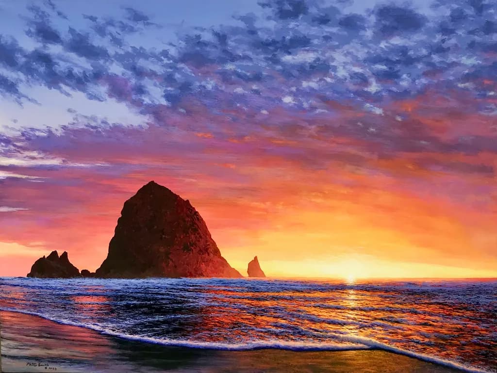 Ethereal Sunset Over Rocky Shores: A Serene Coastal Landscape