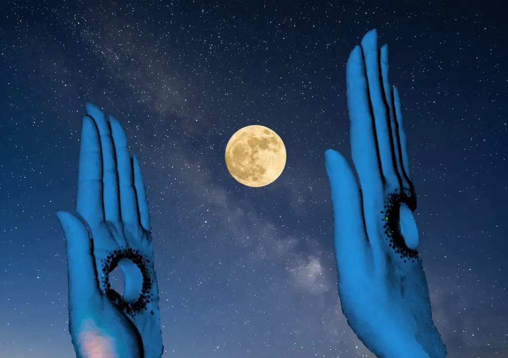 Celestial Embrace: Hands Reaching for the Moon Under a Starry Night Sky