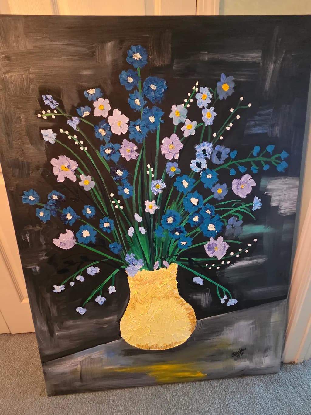 Blue Bouquet in Yellow Vase