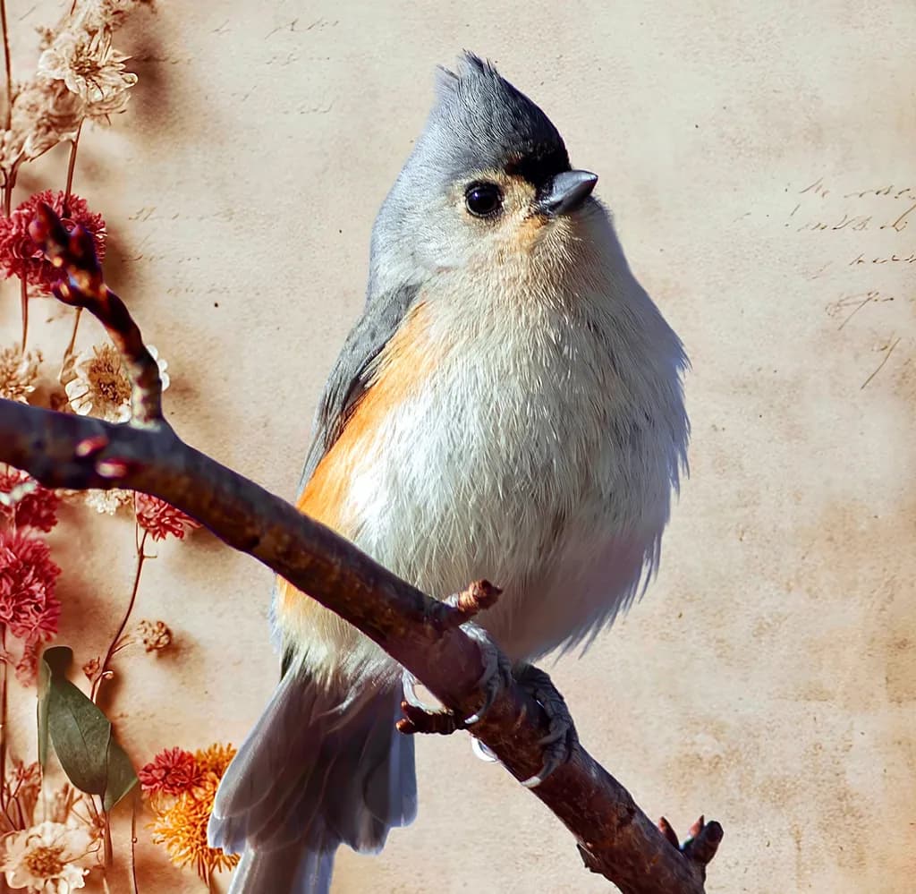 Whispers of Nature: A Charming Tufted Titmouse Perched Amongst Autumn Blooms