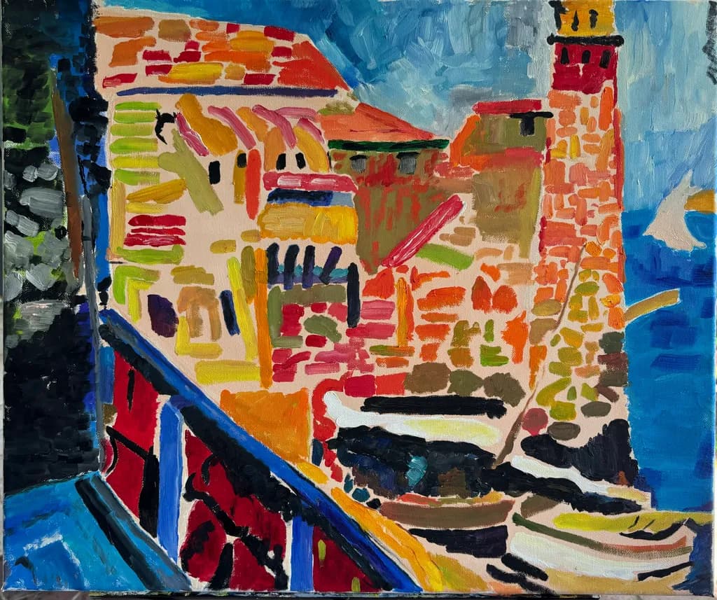 Vibrant Coastal Dreams: An Abstract Journey Through Colorful Architecture and Landscape