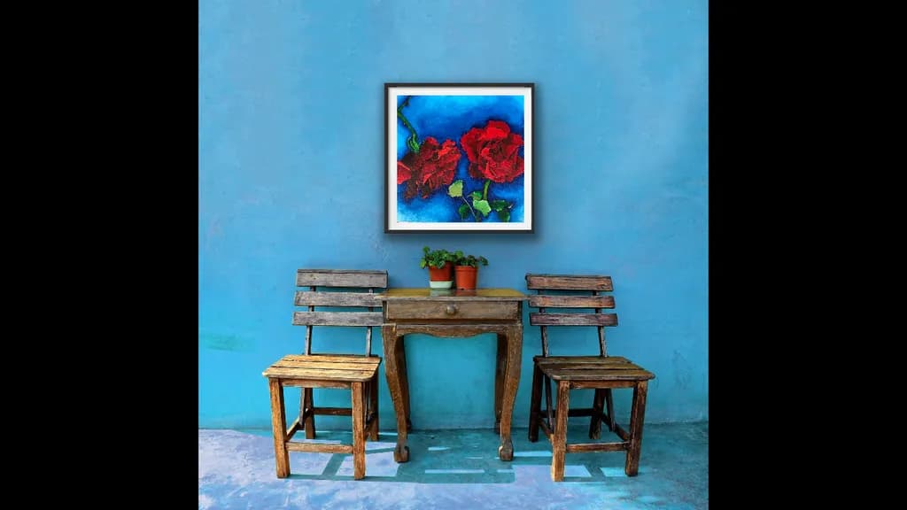 Vibrant Roses Against a Serene Blue Backdrop: A Captivating Floral Art Piece for Your Space