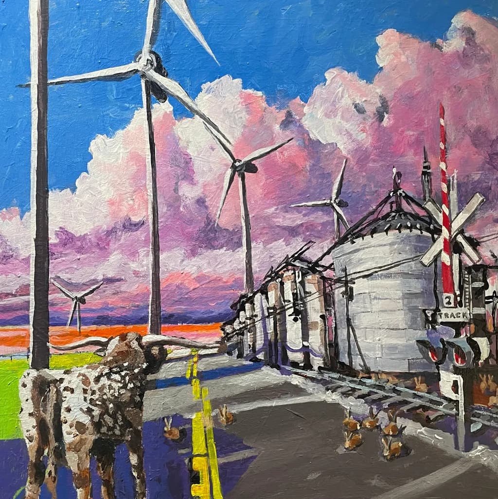 Vibrant Sunset Over Industrial Landscapes: Cattle and Windmills in Harmony
