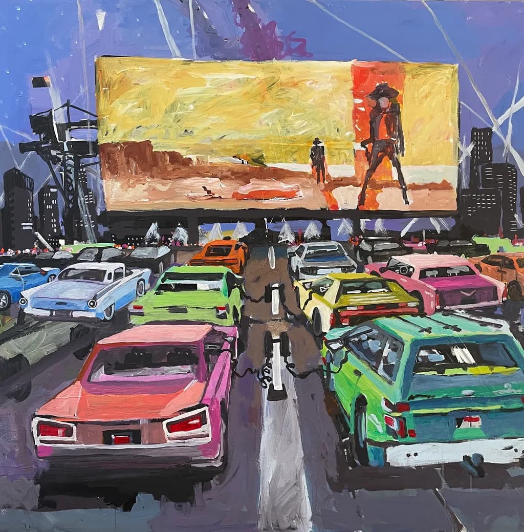 Neon Dreams: A Cinematic Drive-In Experience with Colorful Cars and Urban Vibes