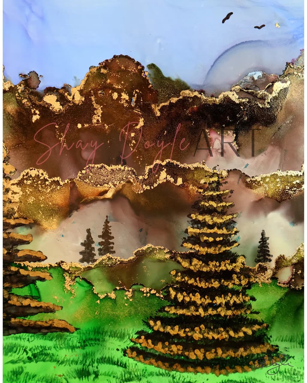 Whispers of Gold: A Serene Forest Landscape in Alcohol Ink and Resin