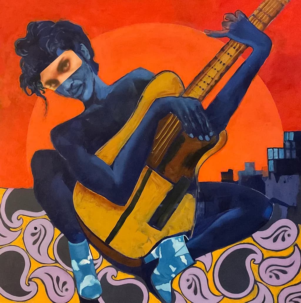 Vibrant Melodies: A Blue Muse Strumming Under the Sunset