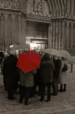 Beneath Gothic Light — A Red Umbrella Holds a Quiet World