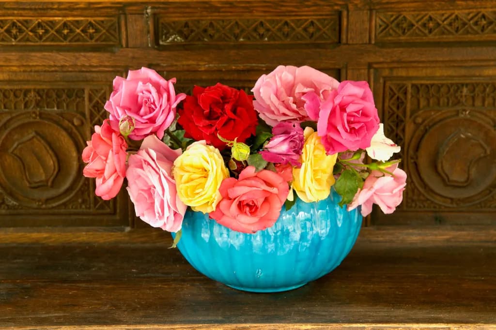 Vibrant Floral Harmony: A Colorful Ceramic Rose Arrangement