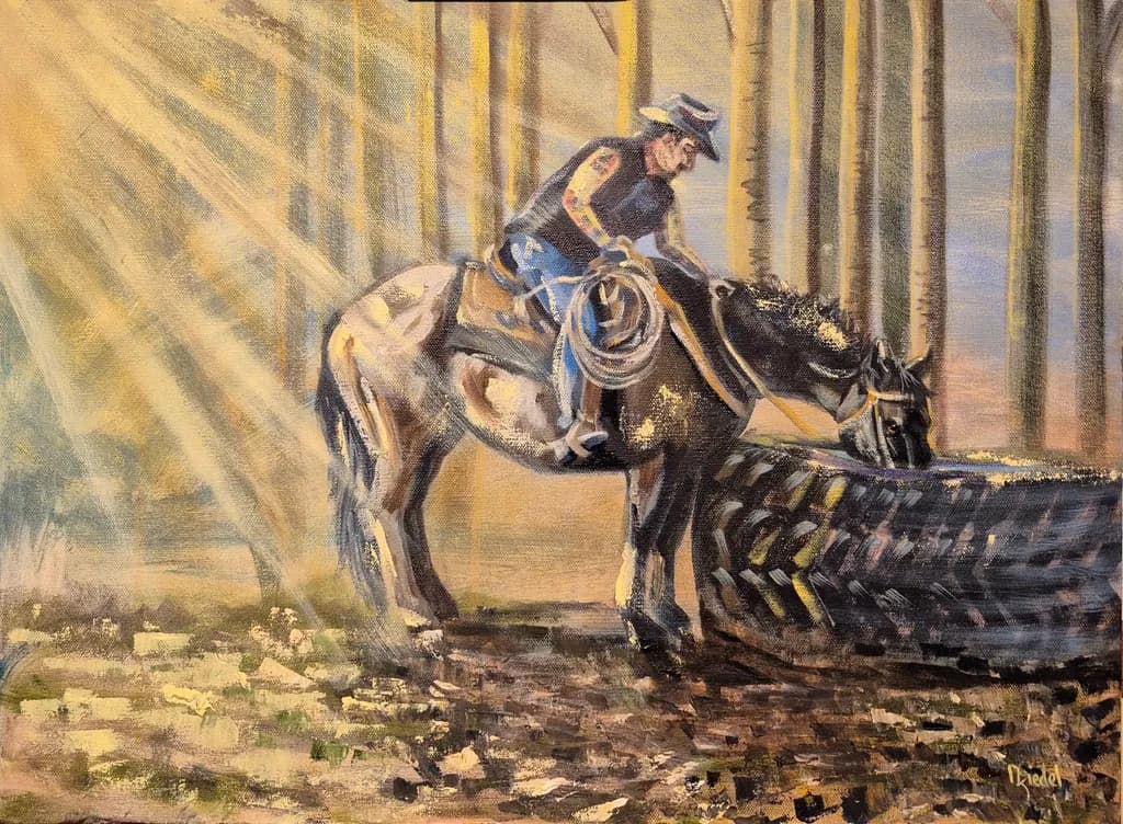 Cowboy and Horse Trough