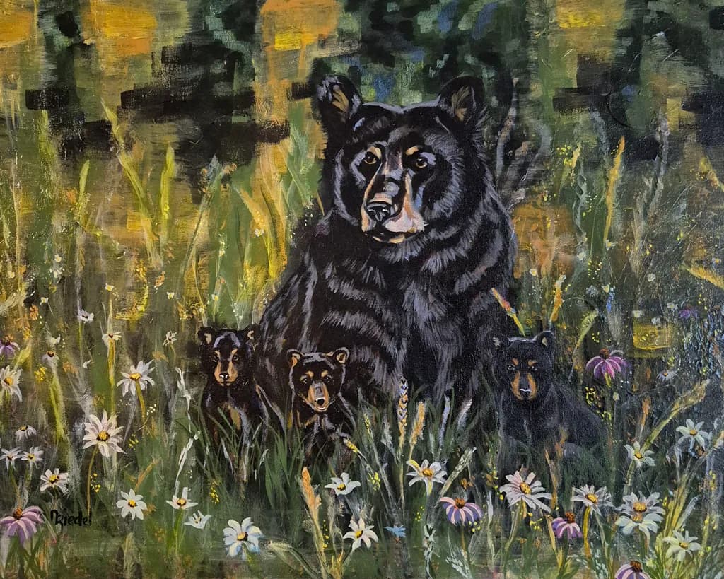 Whispers of the Wild: A Mother Bear and Her Cubs in Blooming Meadows