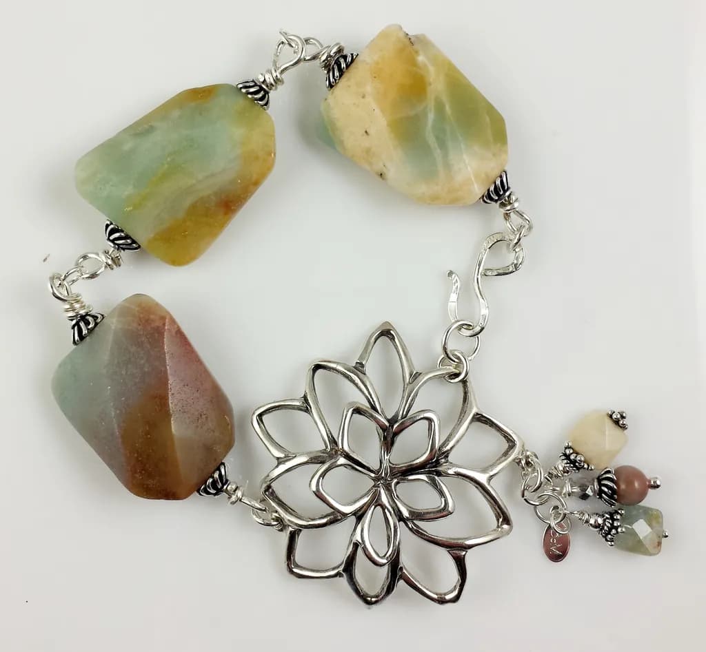 Serenity in Stone: A Handcrafted Lotus Blossom Bracelet with Natural Gemstones
