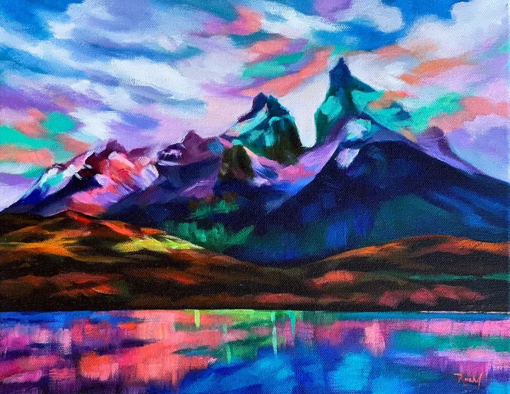 Vibrant Reflections: A Colorful Landscape of Majestic Mountains at Dusk