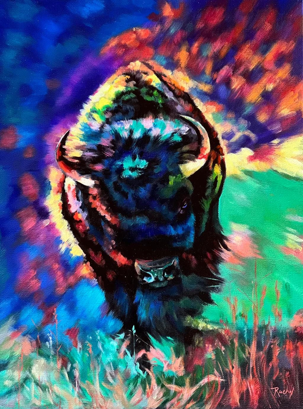 Vibrant Bison: A Colorful Abstract Landscape Journey