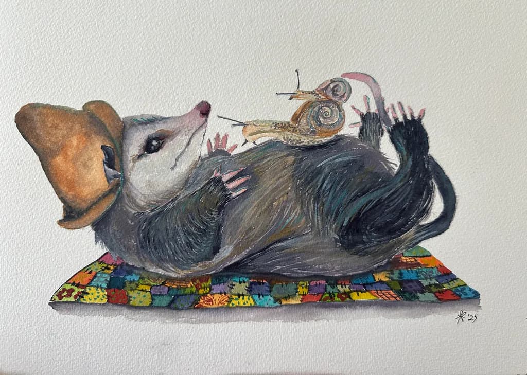 Whimsical Dreams: A Playful Opossum and Its Snail Companion on a Colorful Quilt