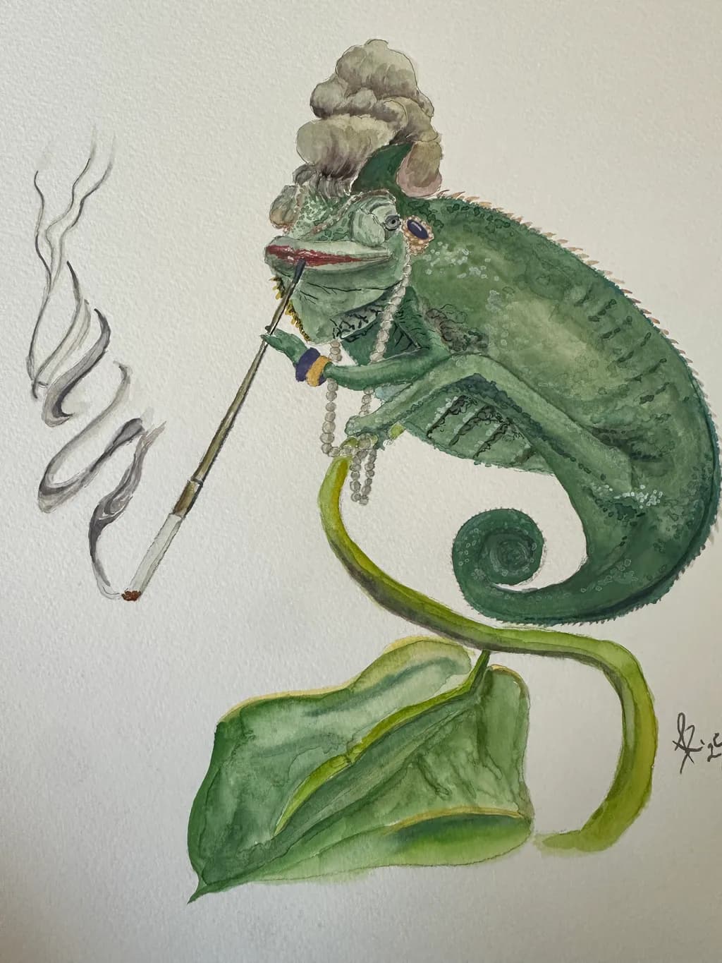 Whimsical Chameleon: A Smoking Green Delight in Creative Artistry