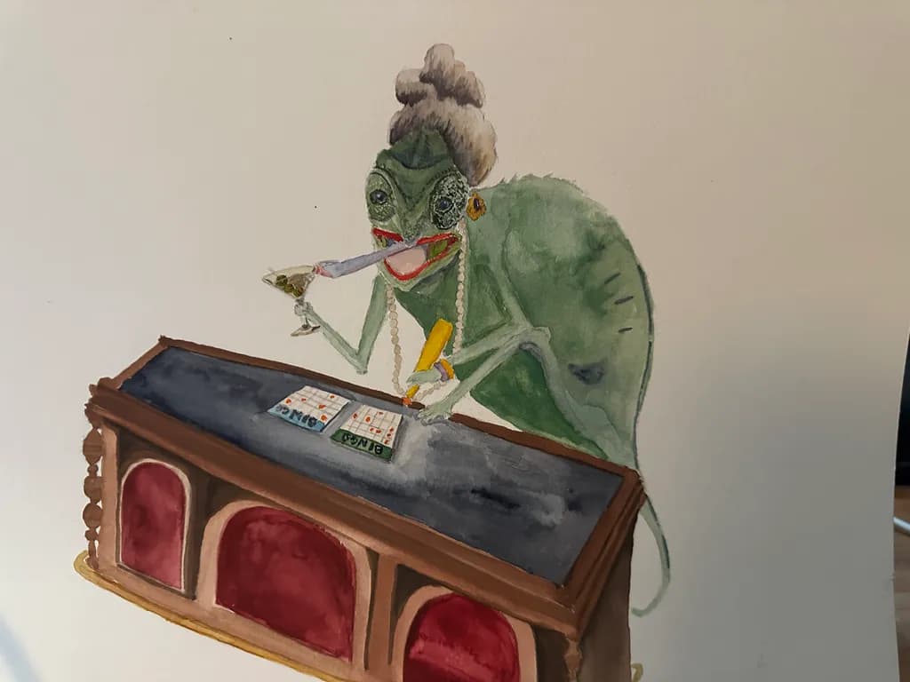 Whimsical Chameleon at the Bar: A Humorous Watercolor Delight
