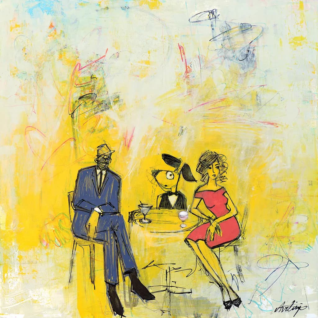 Whimsical Conversations: A Colorful Encounter of Characters in Abstract Art