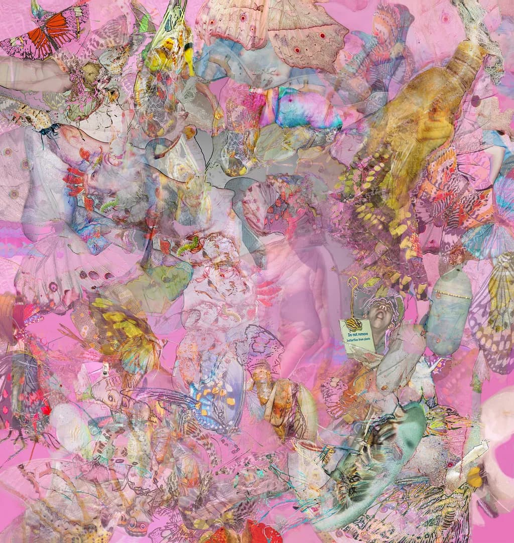 Whimsical Overlap: An Ethereal Dance of Colorful Butterflies and Organic Forms