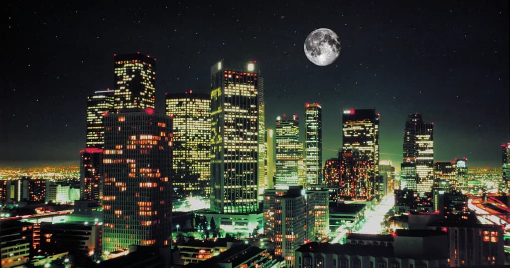 Urban Nightscape: A Celestial Dance of City Lights and the Moon