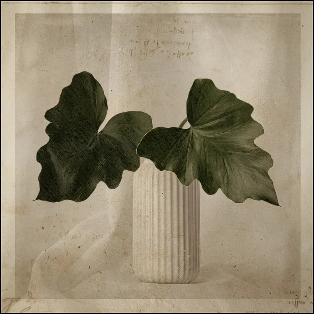 Whimsical Greens: A Nostalgic Dance of Leaves in a Timeless Vase