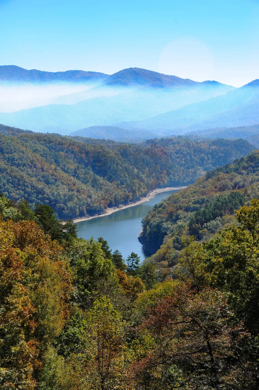 Whispers of Autumn: A Serene Mountain Landscape Embracing River and Forest Harmony