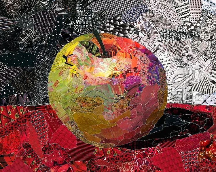 Vibrant Whimsy: A Kaleidoscopic Apple Amidst a Tapestry of Textures and Patterns