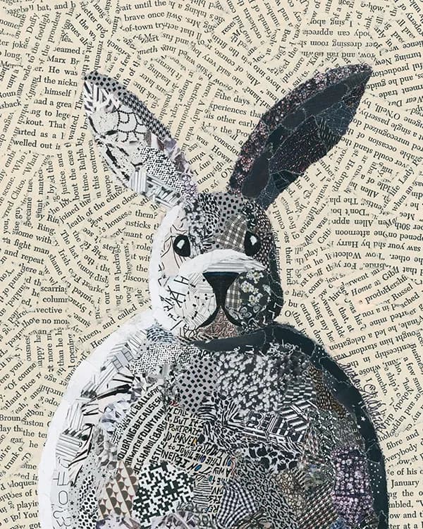 Whimsical Whispers: A Black-and-White Rabbit Collage of Textured Dreams
