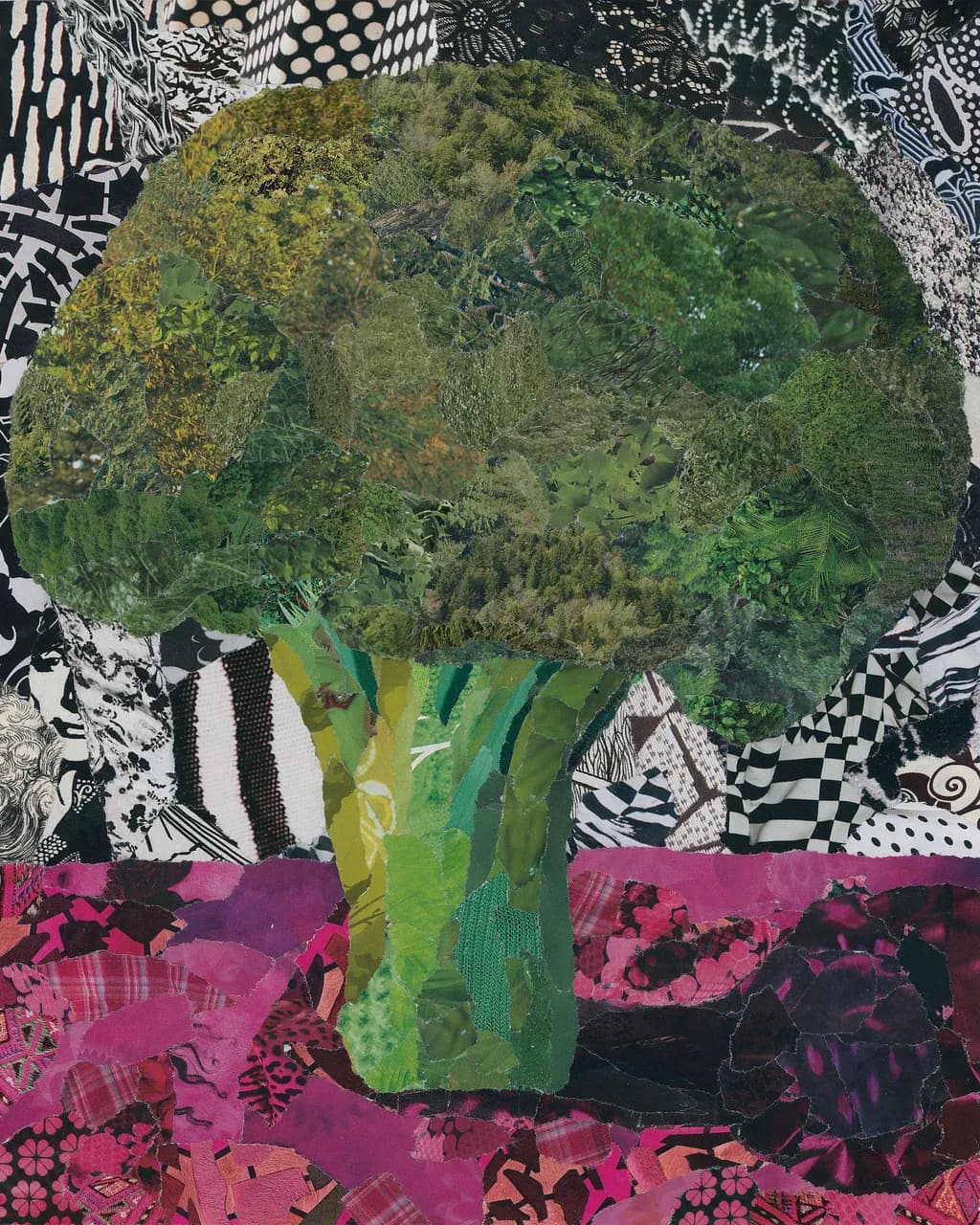 Vibrant Green Collage: A Textured Journey Through Abstract Broccoli Art