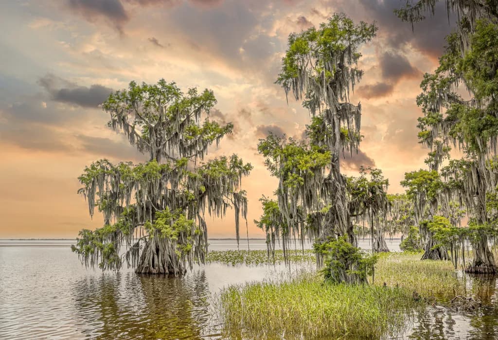 Whispers of the Bayou: A Serene Sunset Over Spanish Moss-Laden Trees