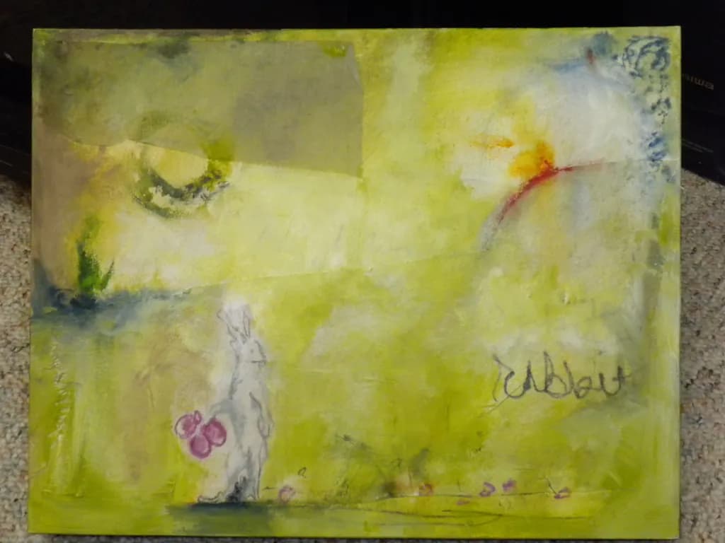 Whimsical Green Dreams: A Floral Rabbit's Journey Through Abstract Landscapes