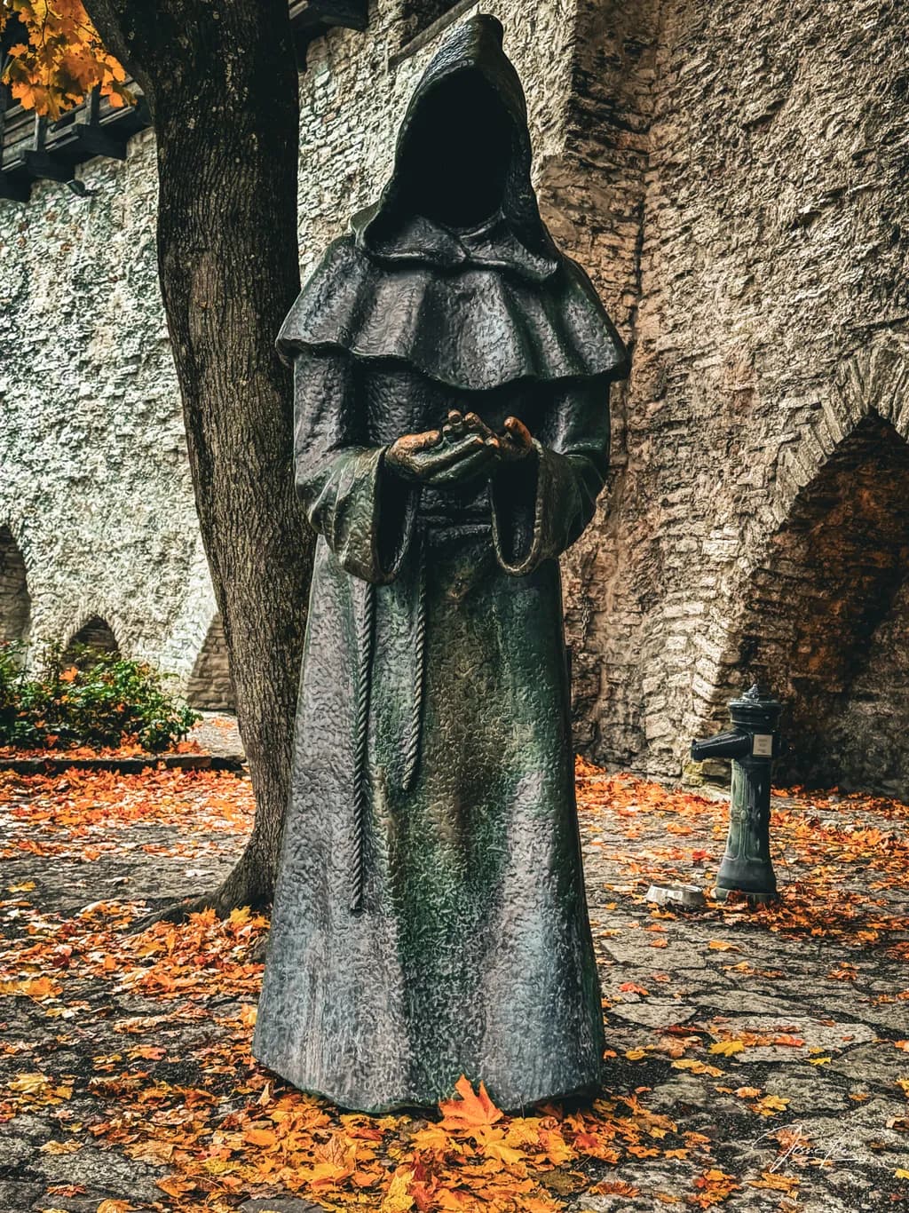 Whispers of the Forgotten: A Cloaked Guardian in Autumn's Embrace