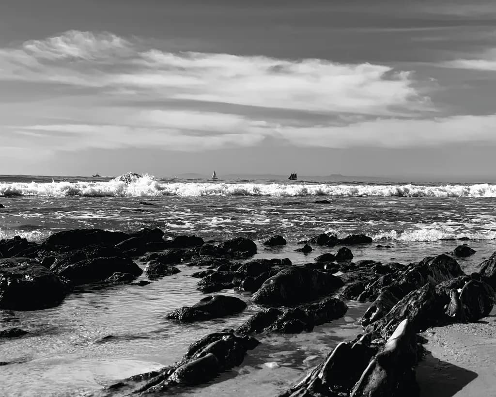 Whispers of the Ocean: A Black and White Journey Through Waves and Rocks