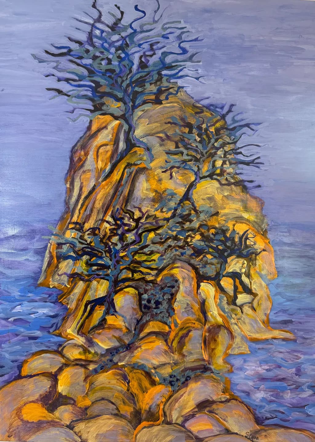 Whispers of the Sea: A Vibrant Dance of Trees and Rocks at Dusk