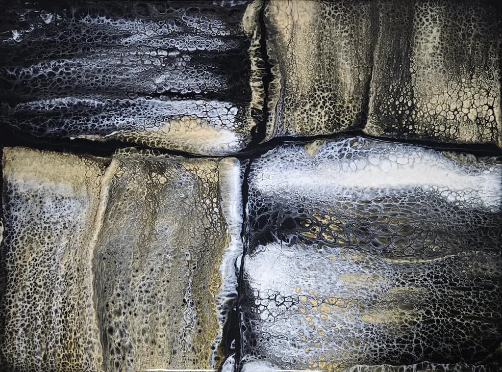 Ethereal Depths: A Dance of Black, Gold, and White in Abstract Fluid Art