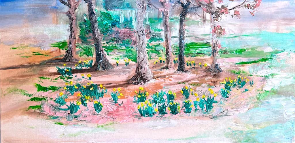 Whispers of Spring: A Serene Landscape of Colorful Blooms and Timeless Trees