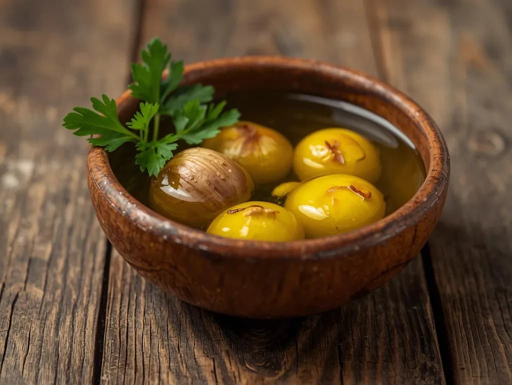 Golden Delights: A Rustic Bowl of Pickled Olives and Onions with Fresh Cilantro