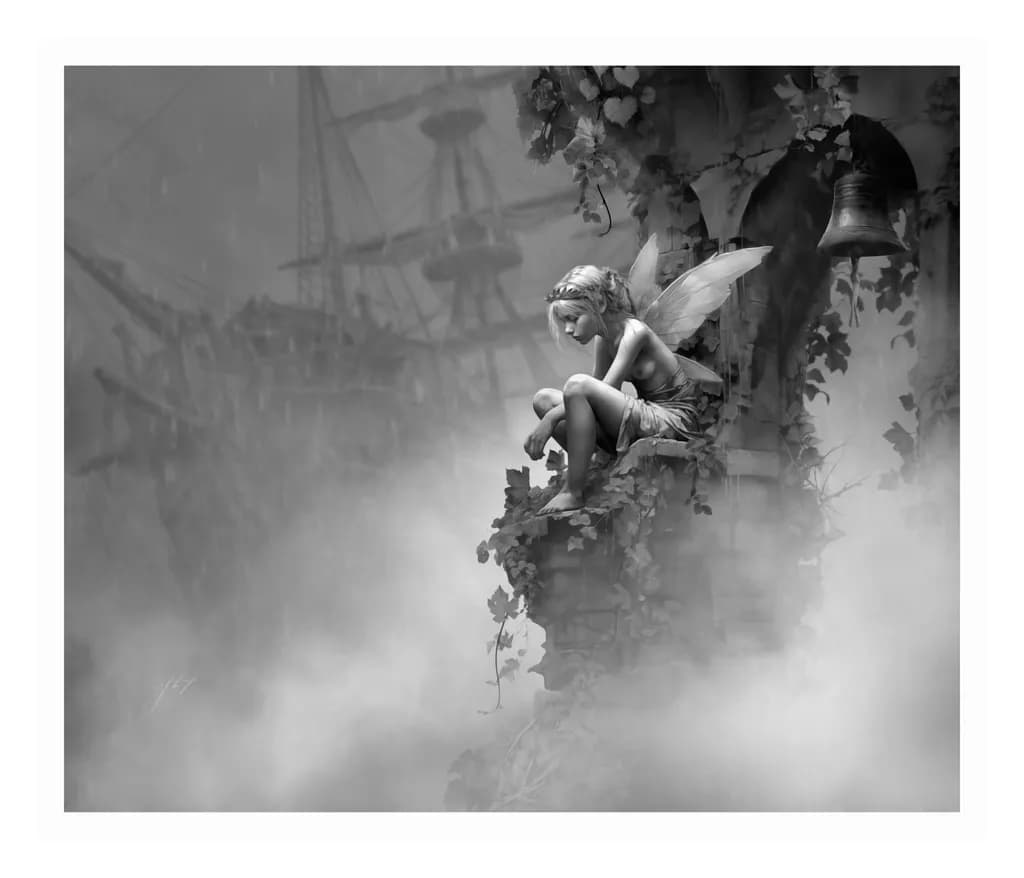 Whispers of the Forgotten: A Monochrome Fairy's Solitude in an Abandoned Realm